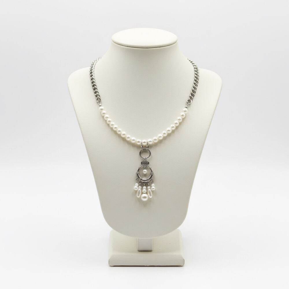 Handmade Vintage Remix Pearl Necklace Silver Tone 18–19” Pendant